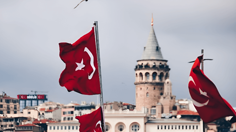 a bird flying over a flag